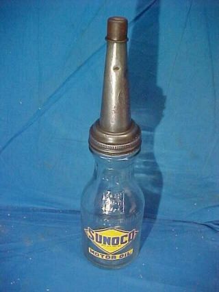 Orig 1920s Sunoco 1 Quart Glass Motor Oil Bottle W Orig Label,  Spout W Cap