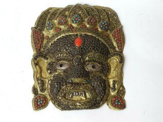 Old Himalayan Nepalese Or Tibetan Coral & Turquoise Bhairava Copper Mask