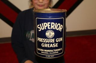 Vintage 1933 Galena Superior Pressure Gun Grease Metal 5 Pound Can Gas Oil Sign