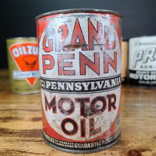 Vintage Grand Penn Motor Oil Can 1 Qt Quart Metal Tin Empty Can