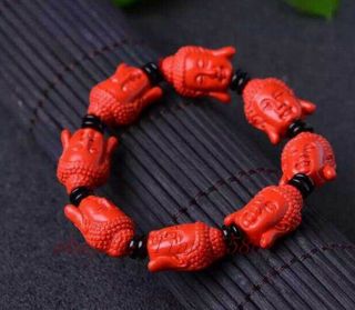 Hand Carved Scarce Natural Red Cinnabar Buddha Head Fashion Lucky Bracelet