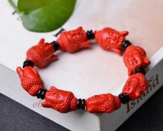 Hand Carved Scarce Natural Red Cinnabar Buddha Head Fashion Lucky Bracelet 2