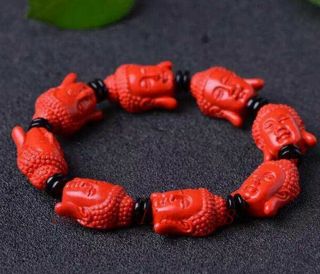 Hand Carved Scarce Natural Red Cinnabar Buddha Head Fashion Lucky Bracelet 3