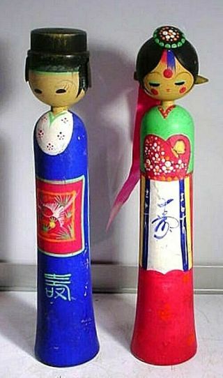 2 Vintage Japan Japanese Man & Woman Hand Painted Wooden Kokeshi Dolls