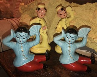 Vintage Japanese Ceramic Figurines Girl With A Fan & Boy With Instruments Japan