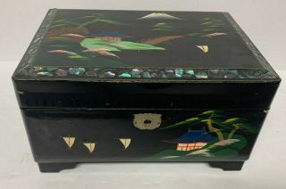 Vintage Black Lacquered Hand Painted Japanese Music Jewelry Box Lock Key Japan