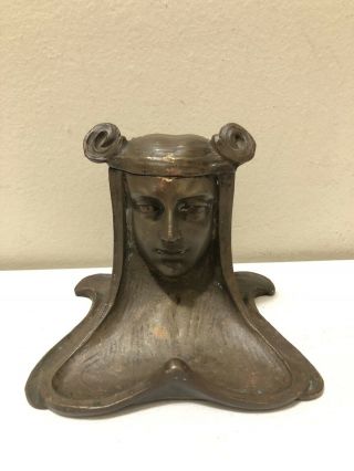Antique Art Nouveau Bronze Inkwell Woman’s Maiden’s Face