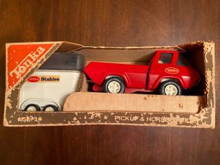 Vintage Tonka Red Pickup Truck And Horse Trailer With Horses 1265