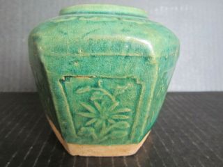 Antique Chinese Glazed Hexagon Green Pottery Jar