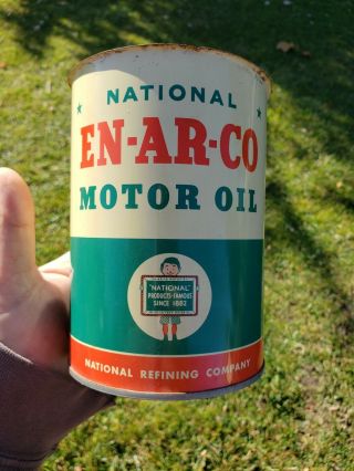 Vintage National En - Ar - Co Motor Oil 1 Quart All Metal Can