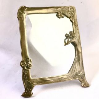 Ancien Miroir Bronze Art Nouveau Décor De Femme En Haut Relief