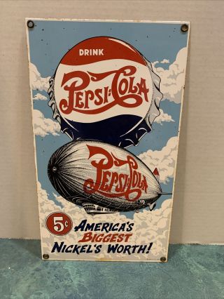Vintage Pepsi Cola Blimp Bottle Cap Porcelain Metal Soda Sign Ande Rooney 1995