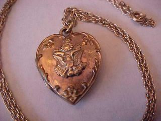 Vintage Wwii Sweetheart Locket Necklace U.  S.  Army Goldtone Empty Heart Jewelry