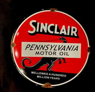 Vintage 1950’s Domed Sinclair Dinosaur 12” Porcelain Sign Car Truck Oil Gas
