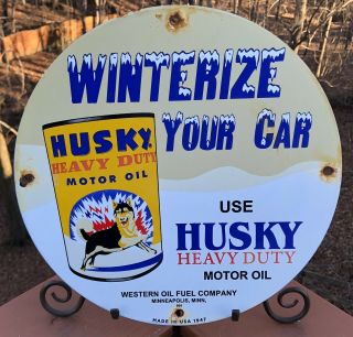 Vintage Husky Gasoline Porcelain Gas & Oil Sign Pump Plate Winterize