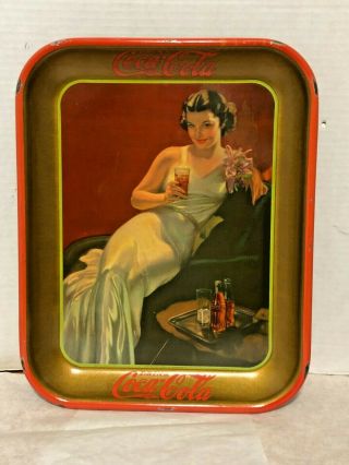 1936 Coca - Cola Lithograph Metal Serve Tray - Girl In Evening White Dress On Chair