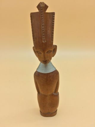 Mcm Wood Carved African Tribal Art Statue Kneeling Warrior W Metal Neck Rings