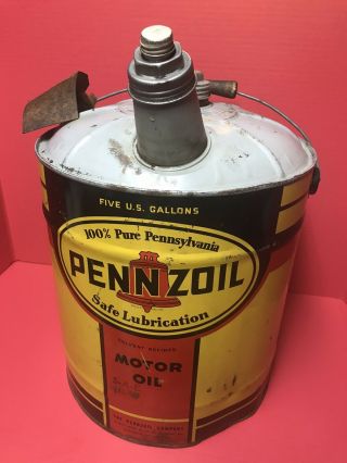 Vintage Pennzoil Motor Oil 5 Gallon Metal Can W/ Wood Handle