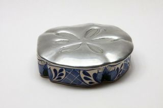 Cobalt Blue Sand Dollar Ceramic Dish Trinket Box With Pewter Lid Made In Mexico