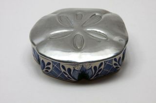 Cobalt Blue Sand Dollar Ceramic Dish Trinket Box with Pewter Lid Made in Mexico 2