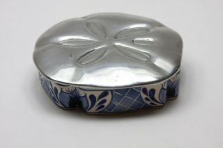 Cobalt Blue Sand Dollar Ceramic Dish Trinket Box with Pewter Lid Made in Mexico 3
