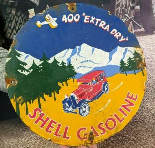 Old Dated 1932 Shell Gasoline 400 " Extra Dry " Porcelain Gas Pump Sign Motor Oil