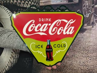 Old Vintage Coca - Cola Porcelain Soda Pop Heavy Enamel Die Cut Sign Pepsi Coke
