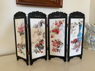 Small Table Top Folding Screen 2 Sided Oriental Design - 9 " Tall - 4 Panel