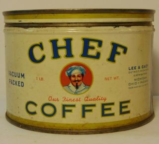 Old Vintage 1950s Chef Graphic Coffee Tin One Pound Lee & Cady Detroit Michigan