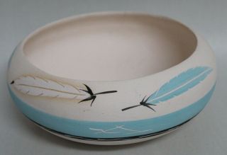 Vintage C1970 Navajo Pottery " Little Blue " Low Bowl Feathers