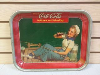 Vintage 1940 Fishing Sailor Girl On Dock Coca - Cola Metal Tray Coke