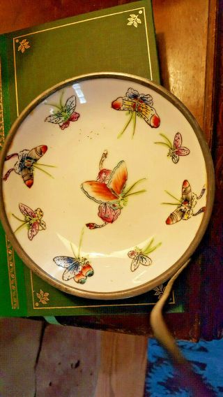 Vintage Porcelainware Pewter Encased Bowl Hand Decorated W/butterflies