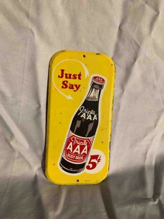 Old Just Say Triple Aaa Root Beer Painted Tin Soda Bottle Advertising Push Plate