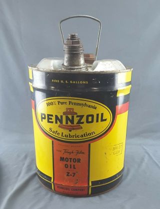 Vintage Pennzoil 5 Gallon Motor Oil Can Use For Gas Has Double Spout