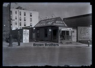 1910s NYC Gas Station Socony Polarine Wheeled Tanks Glass Photo Camera Negative 2