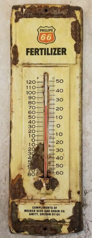 Vintage Phillips 66 Advertising Thermometer Amity,  Or Meeker Seed & Grain Co.
