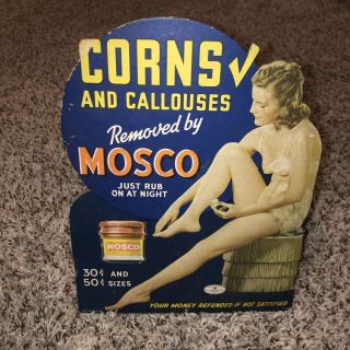 Vintage Mosco Counter Display Sign W/ Sexy Lady Woman - Corns Callouses Removed