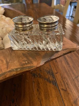 Vintage English Silver Plate Double Inkwell Thick Glass