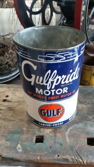 Vintage Gulfpride Gulf Motor Oil Can 5 Quart Qt.  With Rare Antique Car.