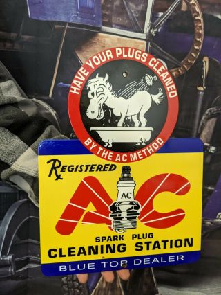 Vintage Old Heavy Ac Motor Oil Filter Spark Plugs Porcelain Metal Gas Sign