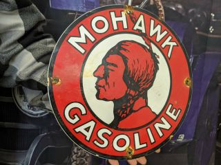 Vintage Old Mohawk Motor Oils Gas Station Fuel Pump Sign Indian Chief Gasoline
