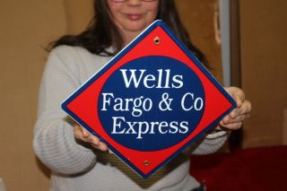 Wells Fargo Express Co Train Depot Railroad Station Gas Oil Porcelain Metal Sign