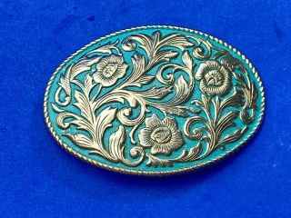 Vintage Flower Swirl Belt Buckle Silver And Turquoise Blue Color Floral Patterns