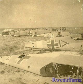Org.  Photo: Abandoned Luftwaffe Me - 109 & Me - 110 Fighter Planes; North Africa