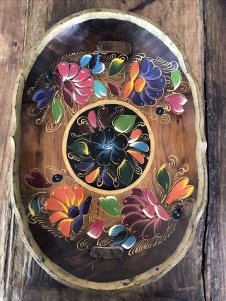 Vtg Batea Wood Mexican Folk Art Oval Hand Painted Floral Handled Tray Platter