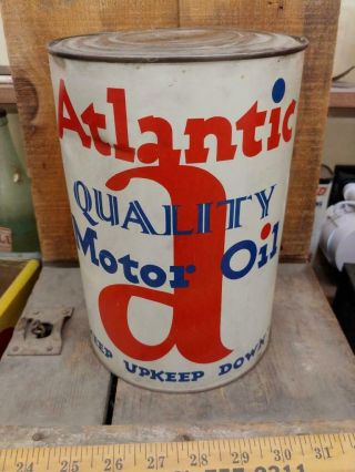 Atlantic Quality Motor Oil Mt 5 Quart Tin Litho Can - Philadelphia Pa -