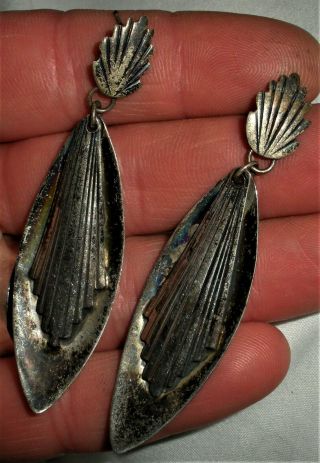 Vintage Navajo Sterling Silver Mid Century Modern Bird Tail Design Earrings Vafo