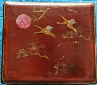 Vintage Japanese Black Lacquer Gold Hand Painted Birds Wooden Box With Key Hole