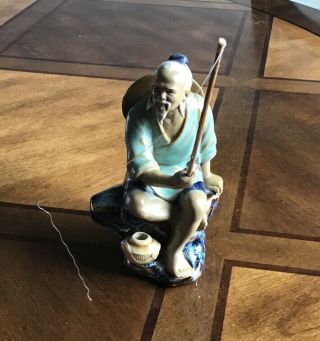 Vintage Shiwan Asian Chinese Mudman Fisherman W/pole No Fish - 5.  5” Glazed Clay