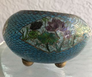 Plique A Jour Transparent Enamel Chinese Cloisonne Glass Footed Blue Floral Bowl